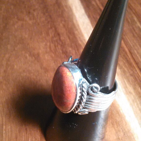 Santa Fe Style Enhanced Red Coral Sterling Silver Ring (Size 6) - Picture 12 of 15
